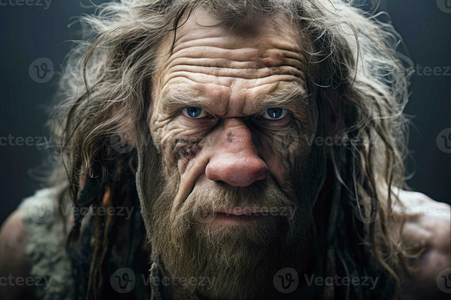 AI generated Neanderthal. A shaggy, menacing man with long disheveled hair, a beard and mustache in prehistoric clothing - the skin of an animal. Close up. Homo sapiens. Human ancestor. Caveman. photo