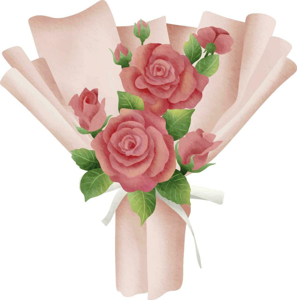 Bouquet of Pink Roses Wrapped in Pink Paper with White Ribbon for Valentine's Day vector