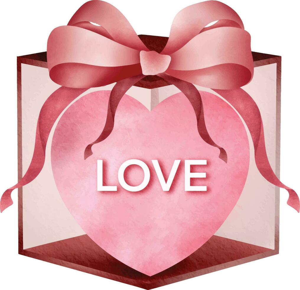 Pink heart in a box with a bow. painted with watercolors. Pink Heart in a Box with Bow. Valentine's Day Gift vector