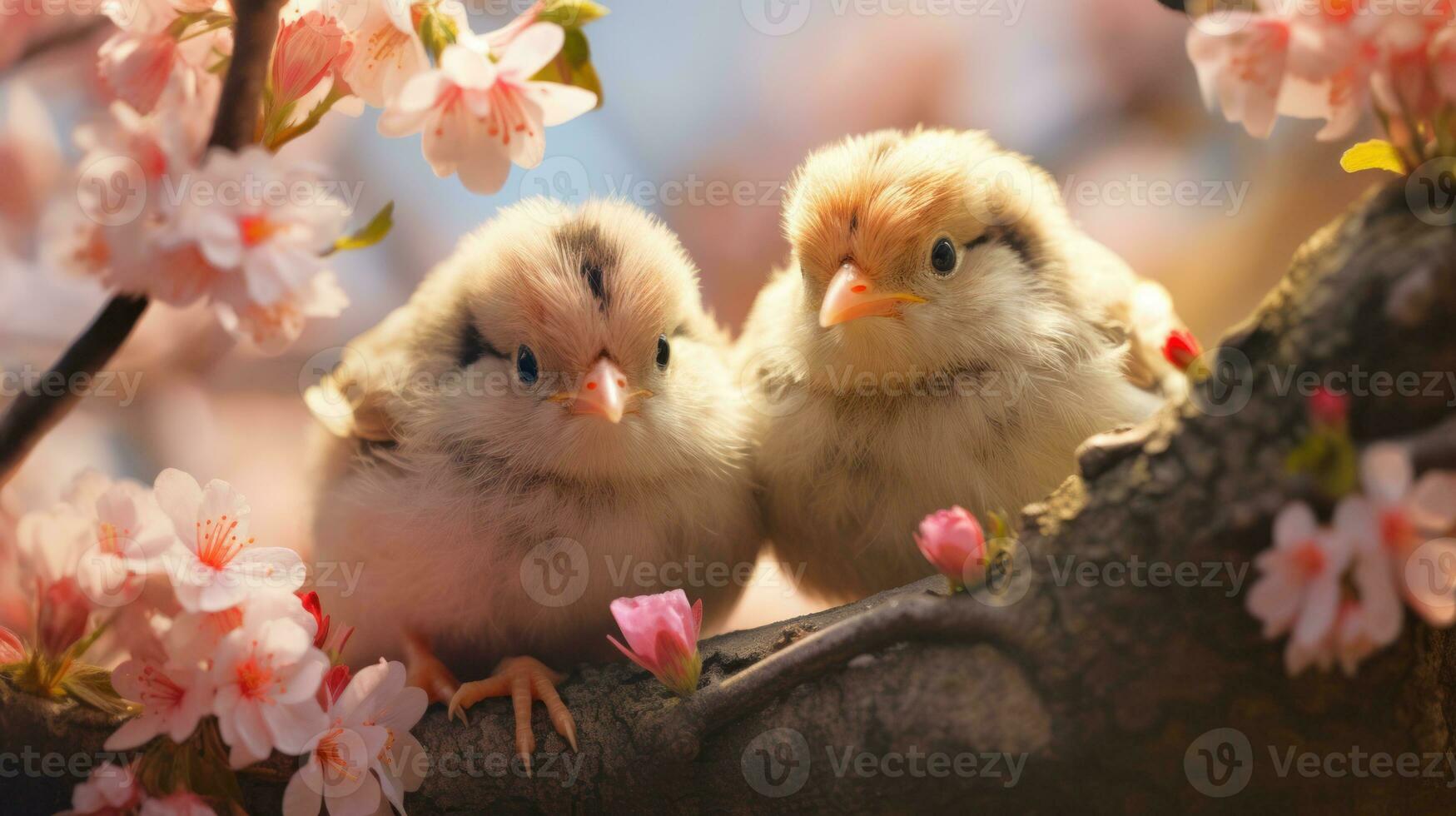 AI generated Small chicks in a nest surrounded by spring blossoms. Cute little birds. Ideal for Easter, spring themes, greeting cards, childrens books, banners, posters, postcards photo