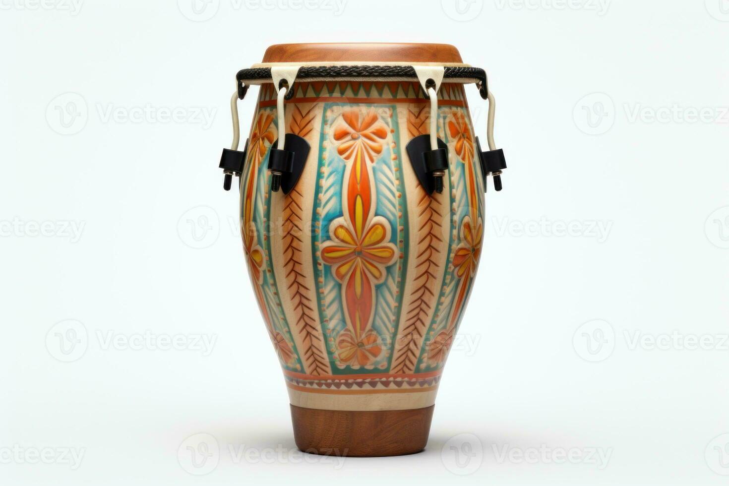 AI generated Wooden conga drum with carved ornaments isolated on a white background. Traditional percussion musical instrument of Afro-Cuban culture. Suitable for music-related projects photo