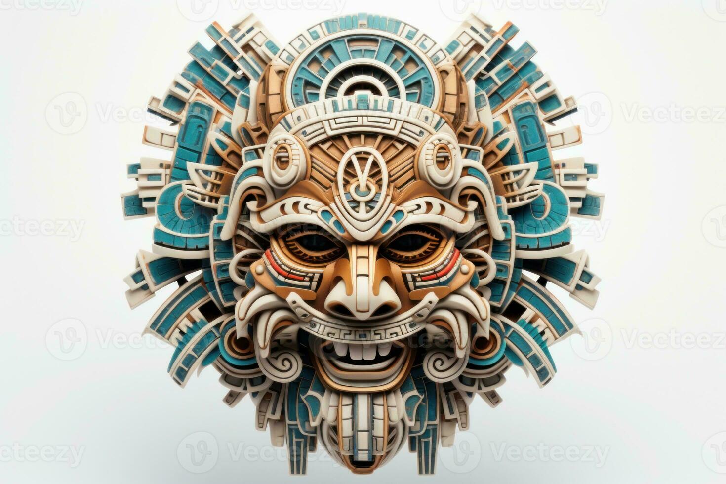 AI generated Carnival gree mask for the festival. Aztec traditional, ceremonial mask on white background. Warrior mask. Tribal totem. Perfect for travel, art, cultural-themed project. Travel souvenir. photo