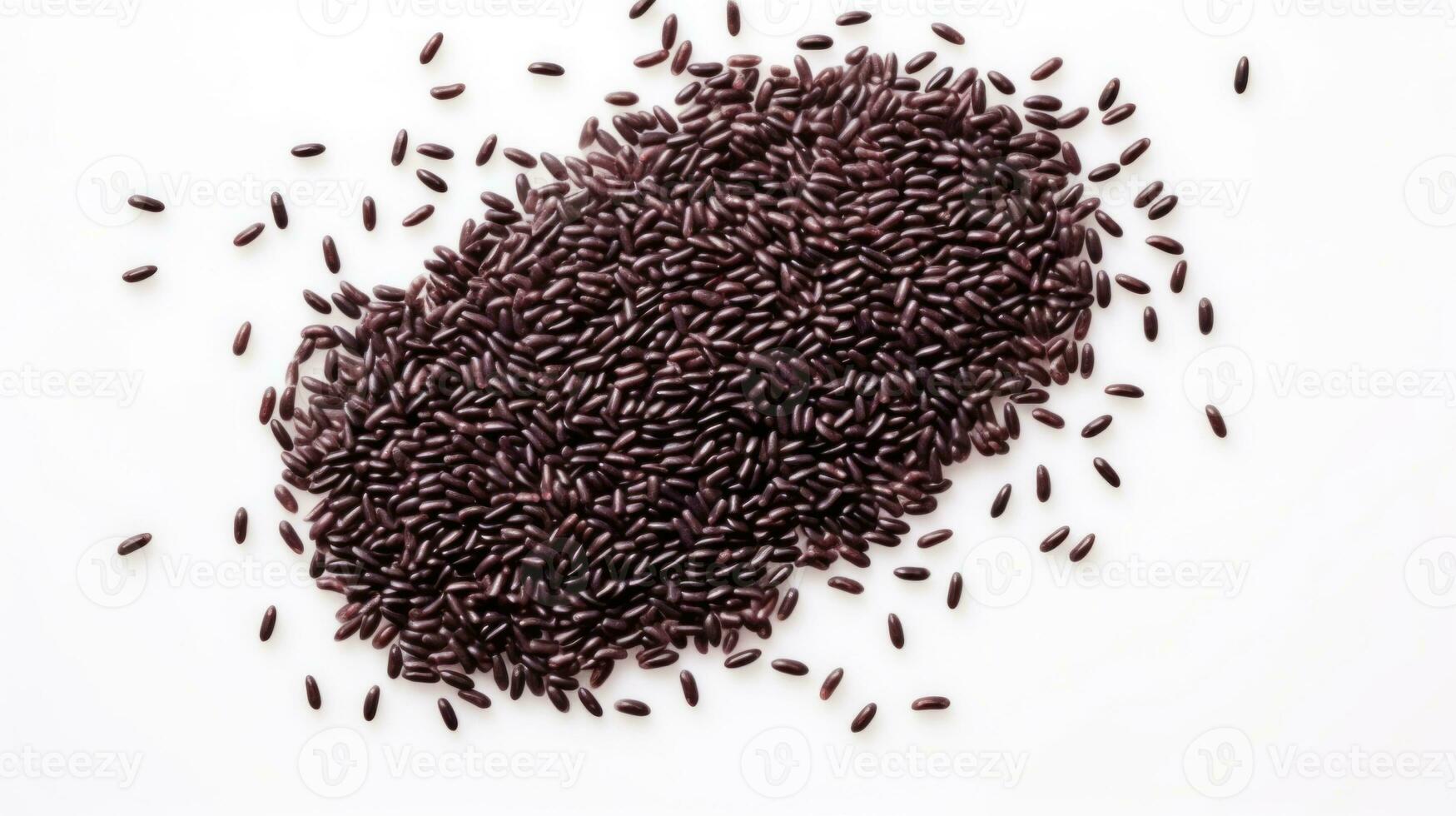 AI generated Heap of black rice grains on a white background, top view. Black rice texture. Suitable for food and nutrition related content. Ideal for use in culinary and health-related designs photo