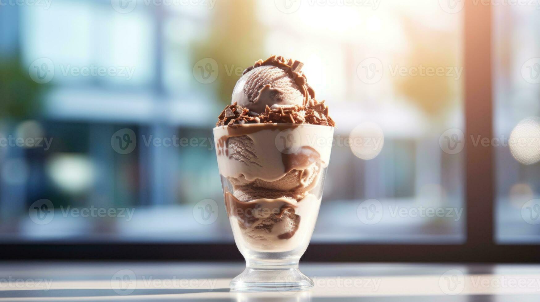 AI generated Chocolate vanilla ice cream topped with chocolate pieces in transparent glass on dark blurred background with bokeh. Ideal for dessert menu, food blog, advertisement, magazine photo