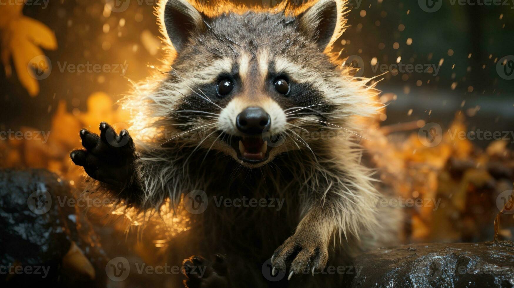 AI generated Raccoon with raised paw and open mouth in the forest. Funny animal. Perfect for use in wildlife publications, conservation awareness, or as wall art photo