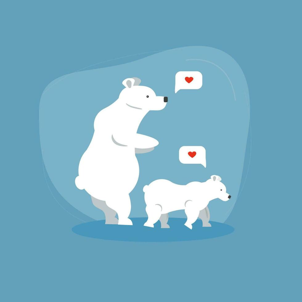 Cute mother polar bear character with cub calf baby and heart in message bubble on blue background. Concept for Mother day or kids nursery room. Vector illustration, poster or banner.