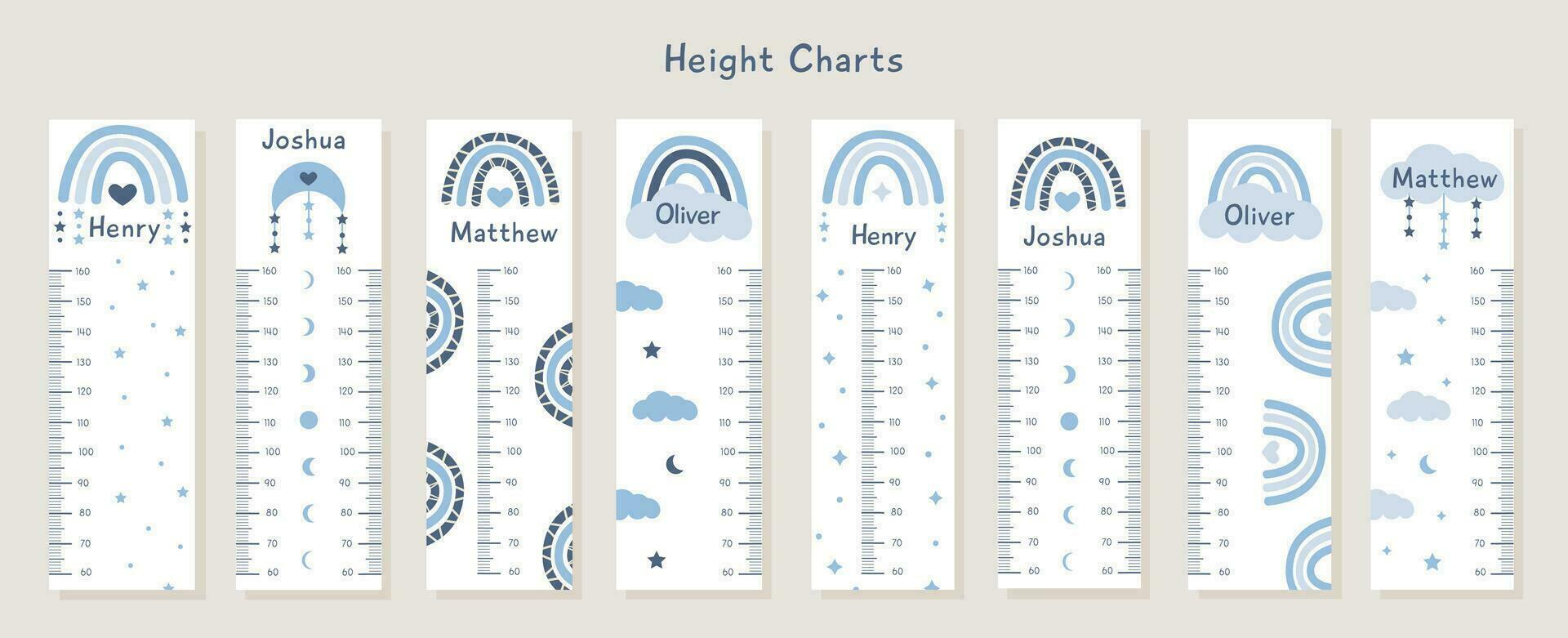 Big Vector Set of kids height charts with abstract boho shapes and rainbows in terracotta colors. Meter wall with trendy design. Children growth chart. Bohemian earthy celestial elements for nursery.