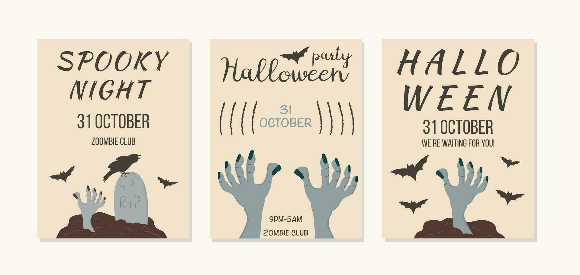 Set of invitation, poster, template, flyer for Halloween event. Zombie hand popping up from graveyard with tombstone and rowen. Collection of holiday creepy leaflet design. Vector illustration.