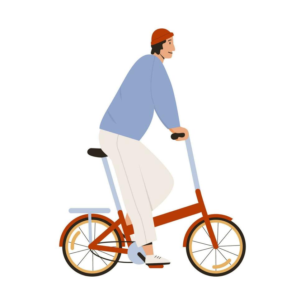 elegante hombre montando calle plegable bicicleta vector plano ilustración. de moda mirando masculino paseo en urbano eco simpático personal transporte aislado en blanco. joven chico ciclismo, desplazamientos a trabajar, exterior.