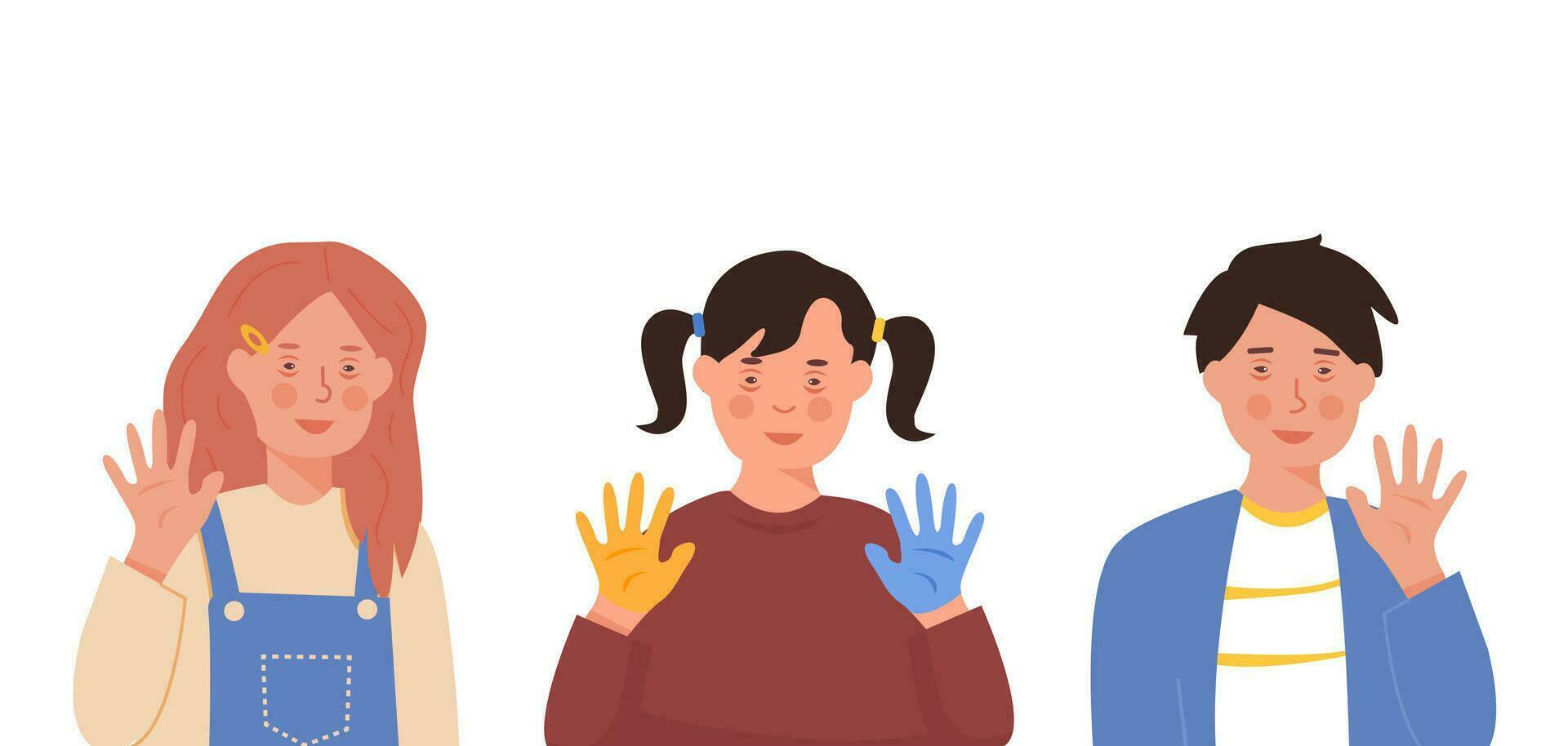 Set of children with Down Syndrome. Male and female kids with genetic disorder and painted blue and yellow hands. Characters for people with special needs. Flat Vector illustration isolated on white.