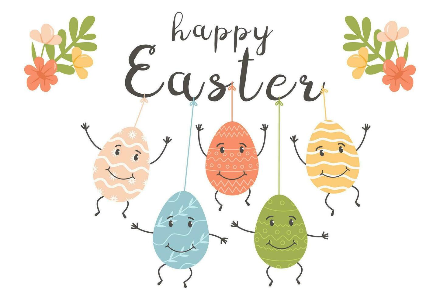 Happy Easter greeting card or cover with decorated colored eggs characters with cute faces. Different ornaments on eggs for Paschal. Flat vector illustration for spring religious holiday.