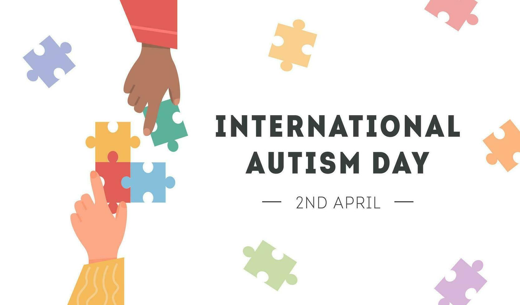 International Autism Awareness Day Card. Caucasian and african hand holding colourful puzzle pieces. Psychological concept of Autistic children. Social Difficulty. Mental disability disorder. Vector. vector