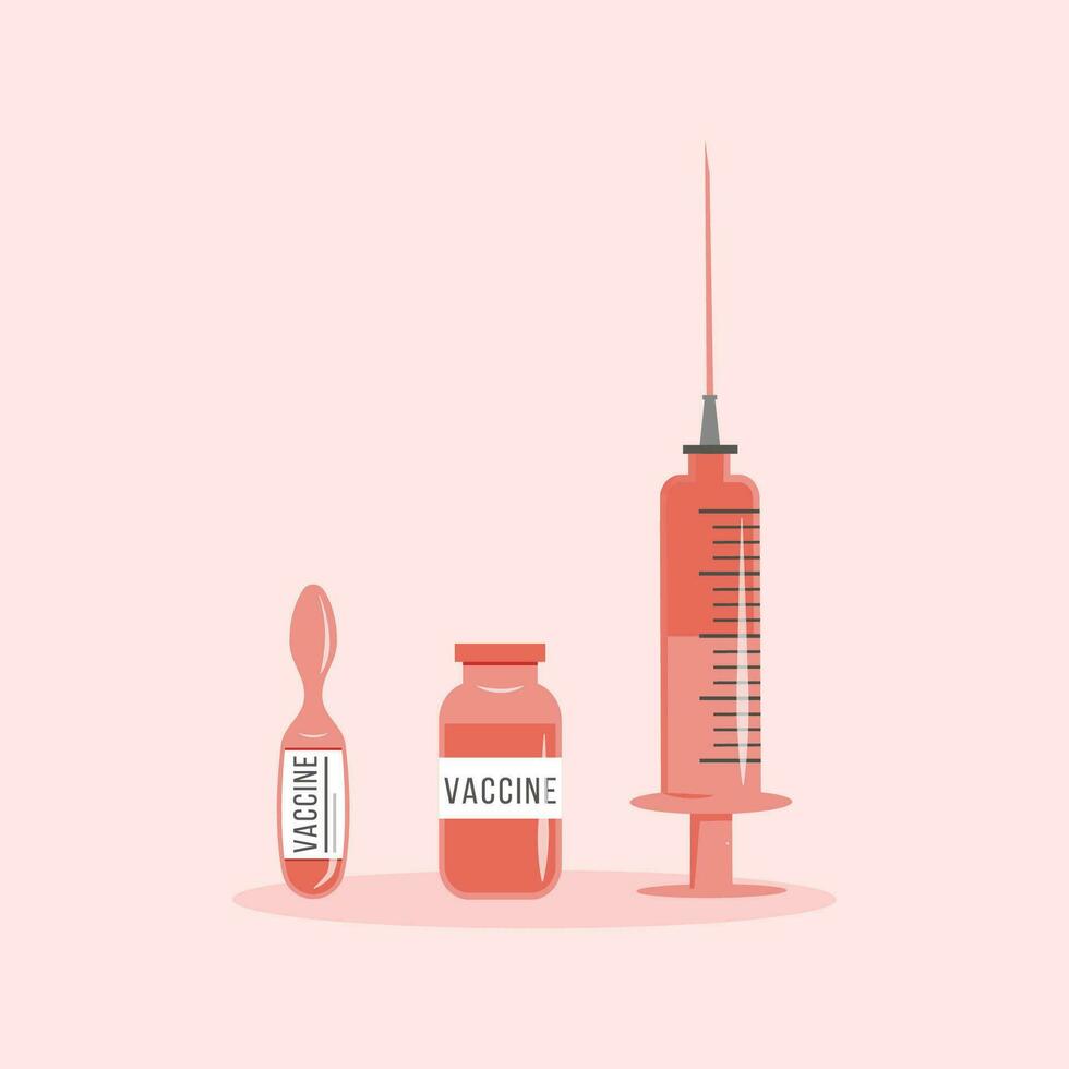 concepto de coronavirus vacuna vector ilustración aislado en antecedentes. rojo y rosado vacuna pinchazo botella, ampolla y jeringuilla inyección para inmunización tratamiento. codicioso vacunación.