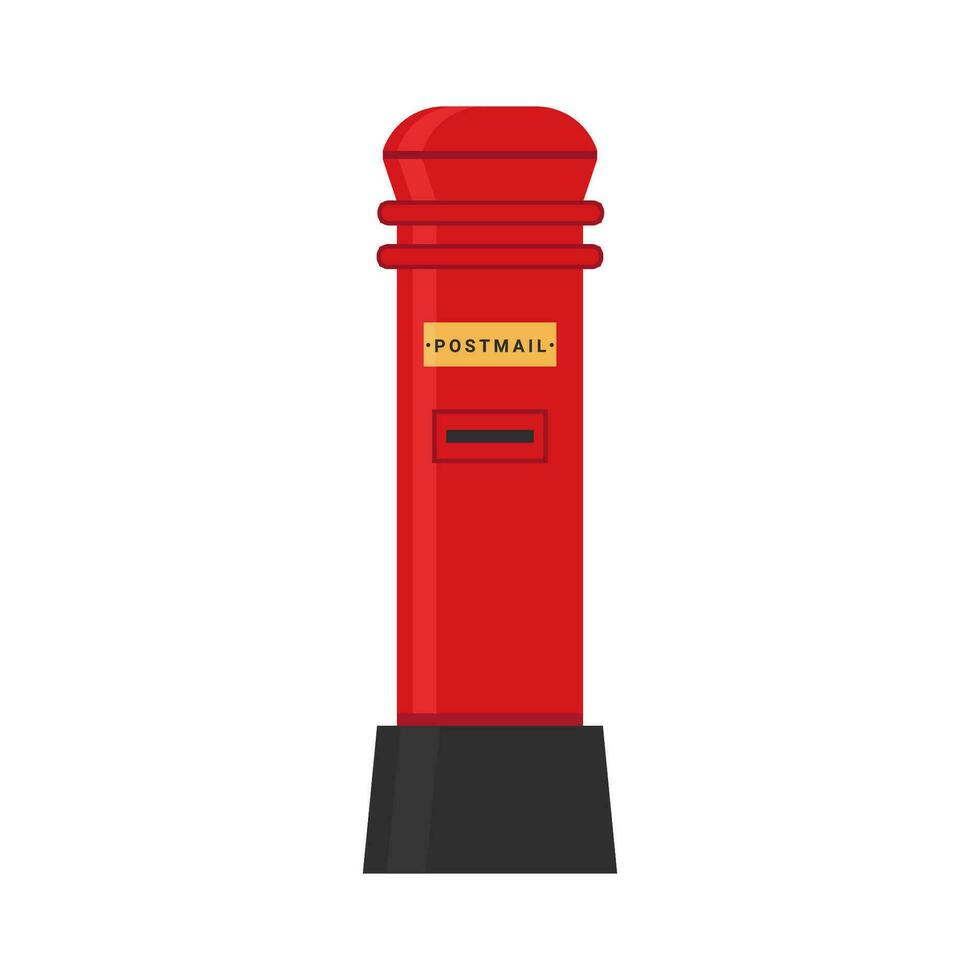 Red mailbox, public and private address classic postbox, golden plate. British royal mail service wall letterbox or stand box with slot for envelopes. Correspondence delivery vector illustration.