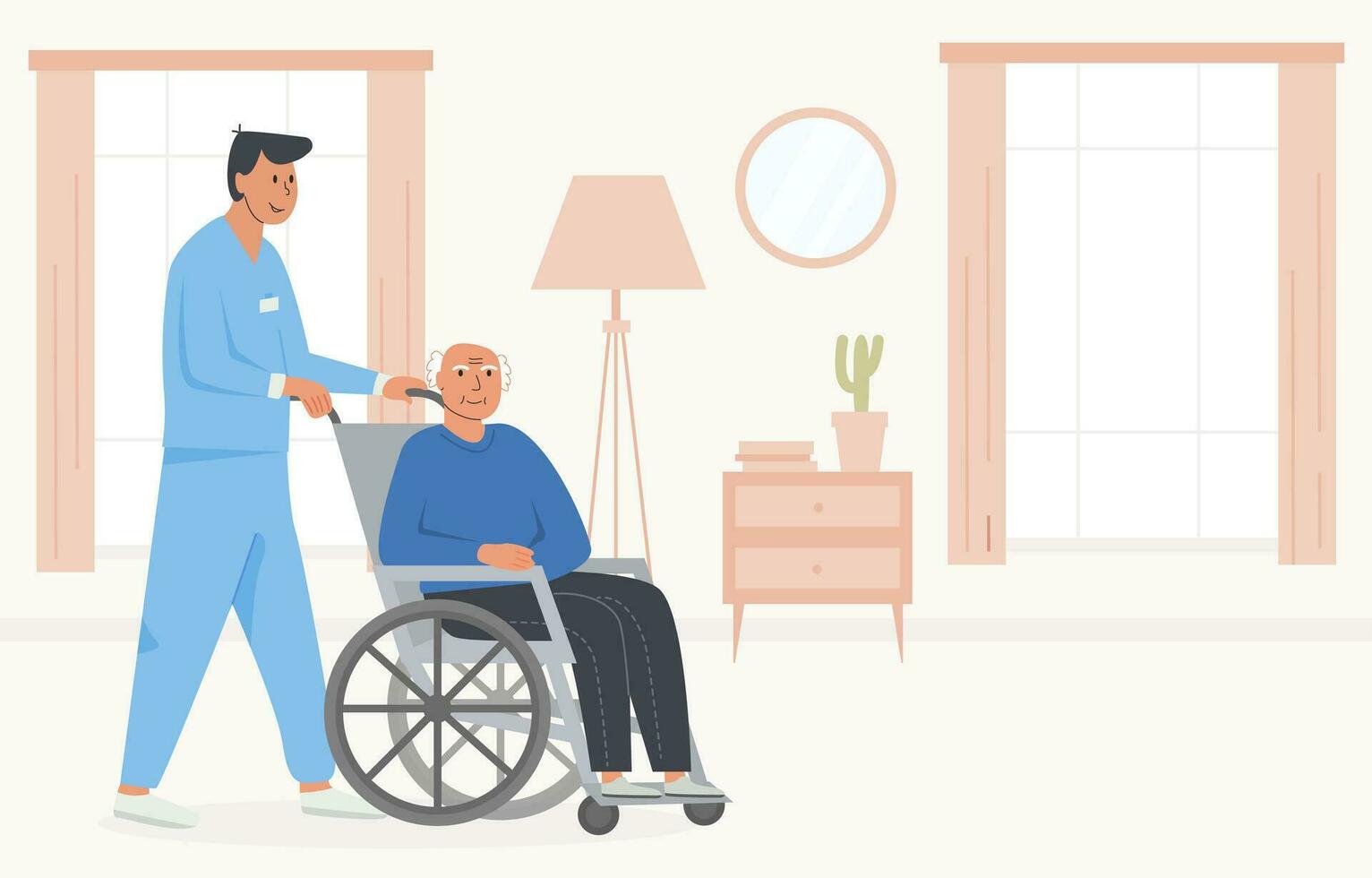 Residential care facility. A caretaker with old man on wheelchair. A bedroom in nursing home, retirement home. Scene of disabled elderly person with social worker at home. Concept of assisted living. vector