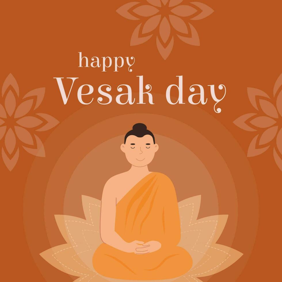 Happy Vesak Day Vector Card. Translation from Sanskrit Festival of Gautama Birth, Death, Paranirvana. Lord Buddha sitting on lotus seat with rays of light on yellow background. Vector Buddhist holiday