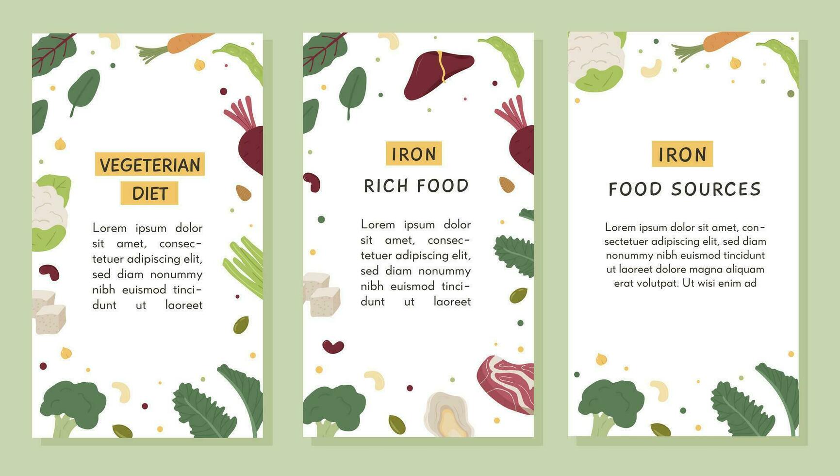 Collection of iron rich food. Red meat, liver, sea food, broccoli, tofu, legume, nuts. Dietetic product, organic natural nutrition. Flat vector illustration in circle. Infographic for Iron food source