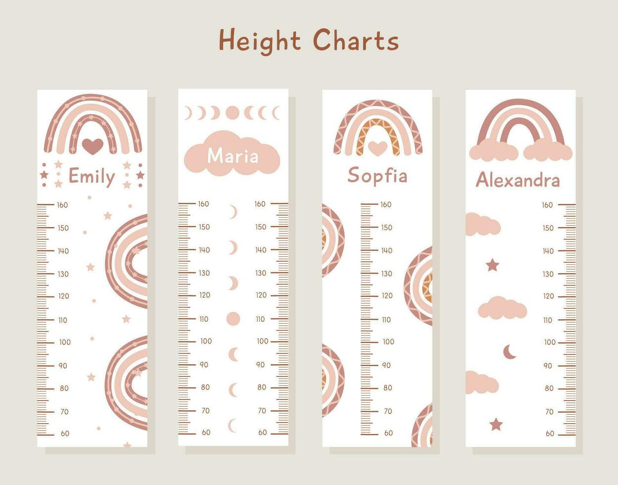 Big Vector Set of kids height charts with abstract boho shapes and rainbows in terracotta colors. Meter wall with trendy design. Children growth chart. Bohemian earthy celestial elements for nursery.
