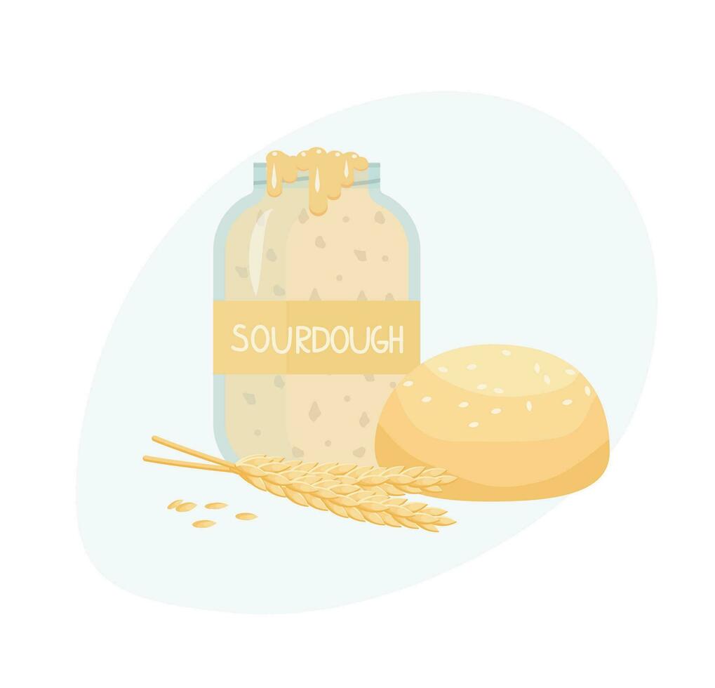 sourdough composition starter wheat and bread loaf vector