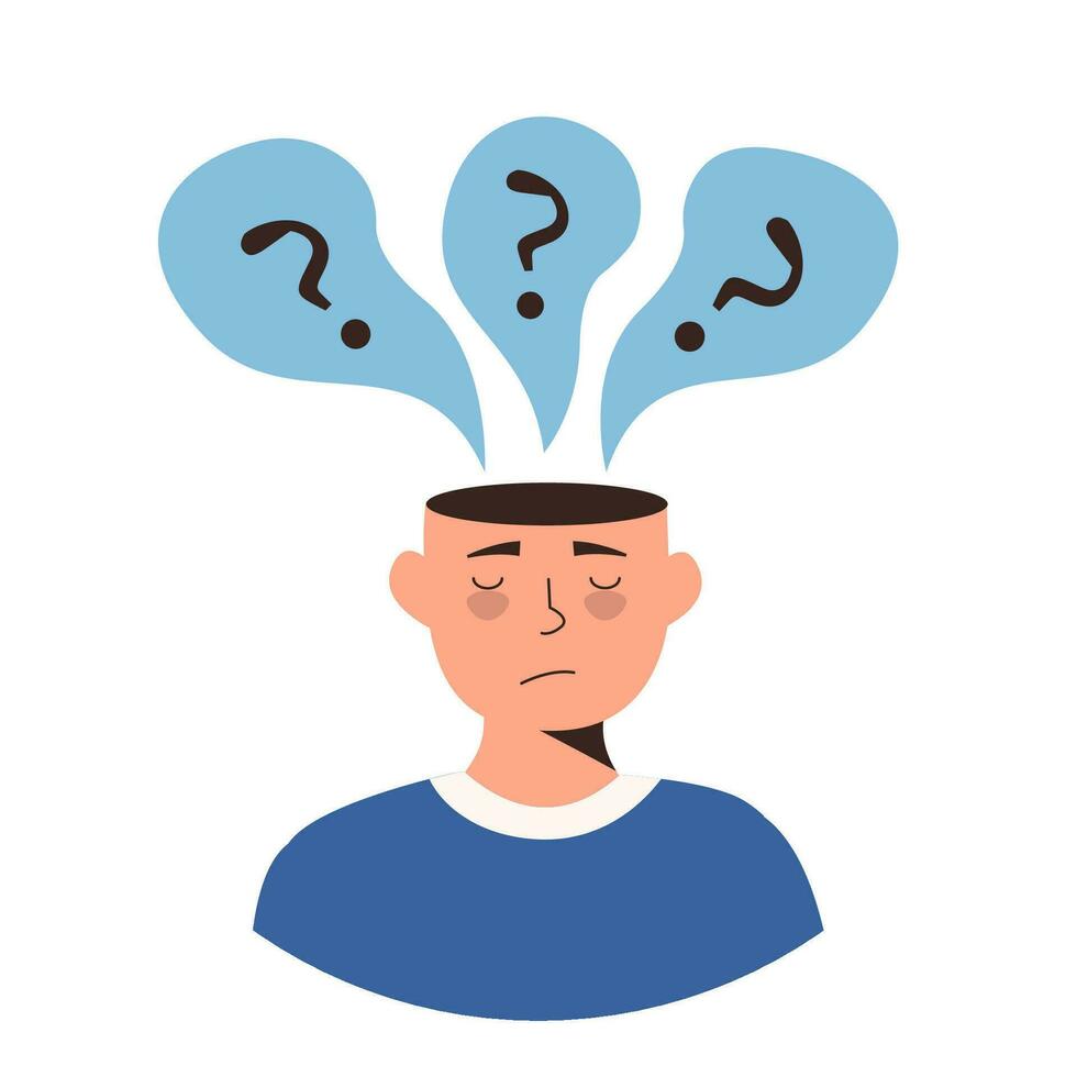 Sad man with nervous problem feel depressed with question mark in bubble above head vector illustration. Mental disorder, chaos in consciousness. Boy thinking about problem, answering inner questions.