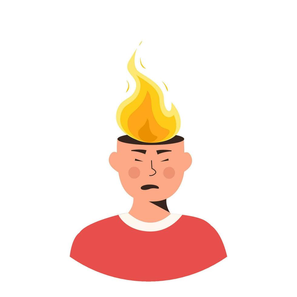 Male character head in fire vector flat illustration. Man or woman feeling stress at work, anger. Concept of emotional expression of burnout or annoyance. Mental illness. Psychological symptom.