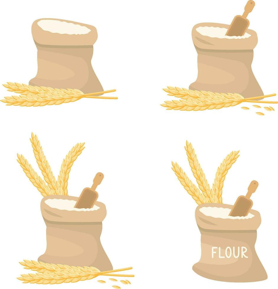 Set of Flour Bags with wheat. Essential Ingredient for Culinary vector