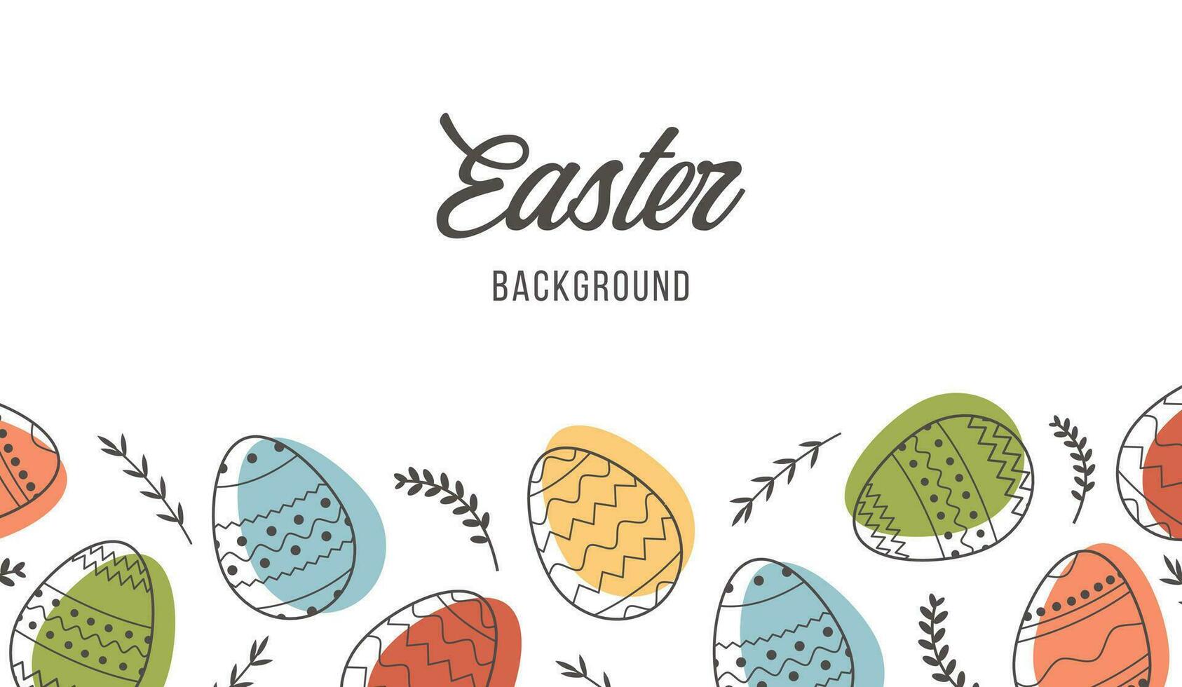 Festive banner template with trendy outlined geometric pattern on Easter Eggs. Decorative horizontal stripe from eggs with leaves on white background. Vector poster for spring holiday celebration.