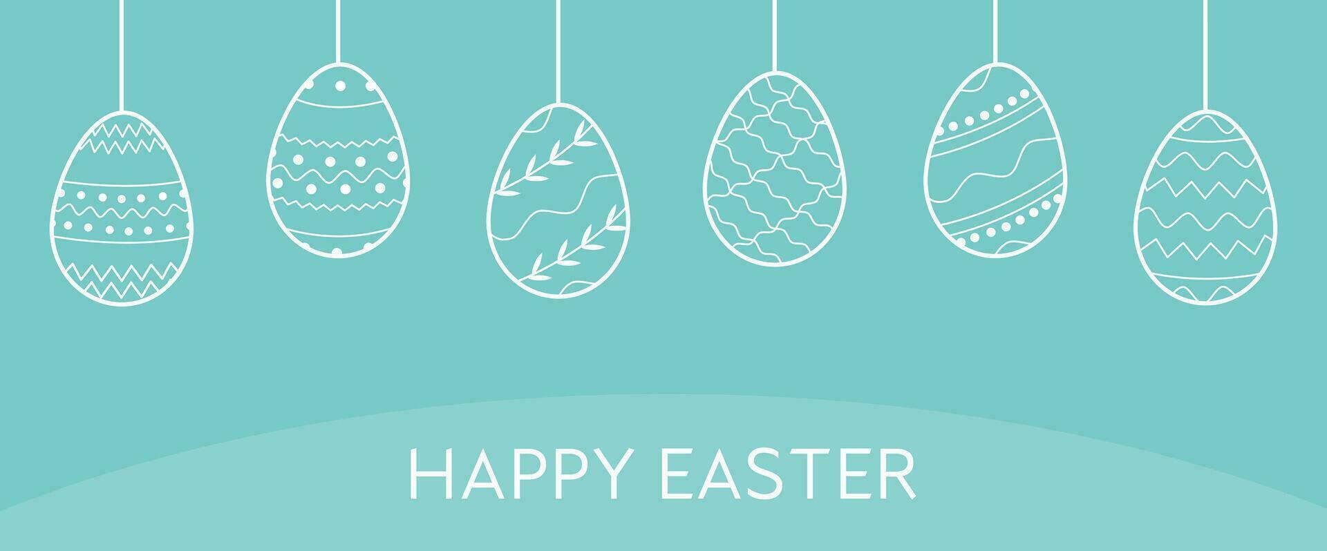 Festive frame template with trendy outlined geometric pattern on Easter Eggs. Decorative horizontal banner with eggs and leaves on blue background. Vector border for holiday with place for text.