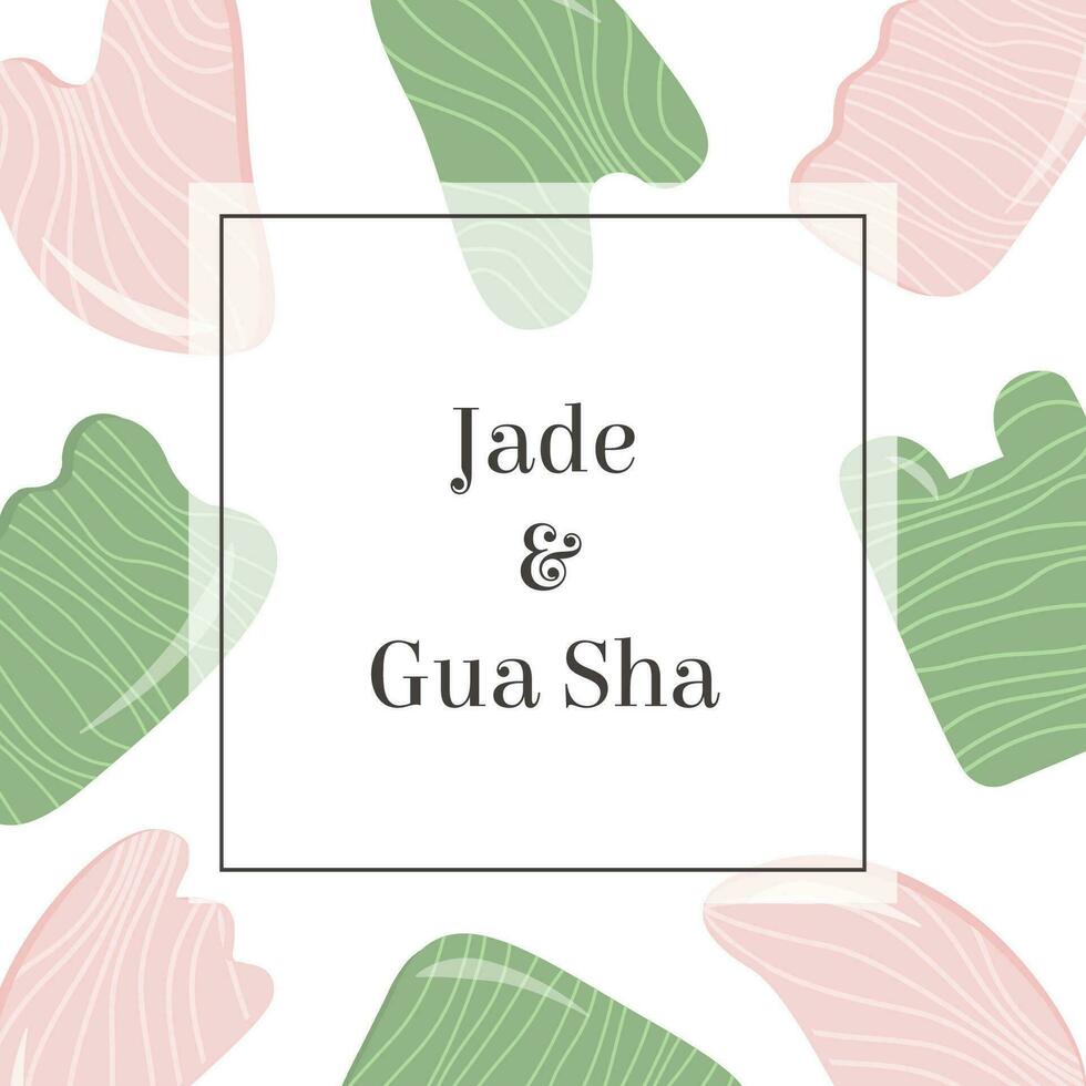 Web banner, Social media post, ad with title Gua Sha. Rose Quartz and Jade Scraping Massage tool. Natural pink and green stone scraper in different shapes. Trendy skin care. Vector flat background.