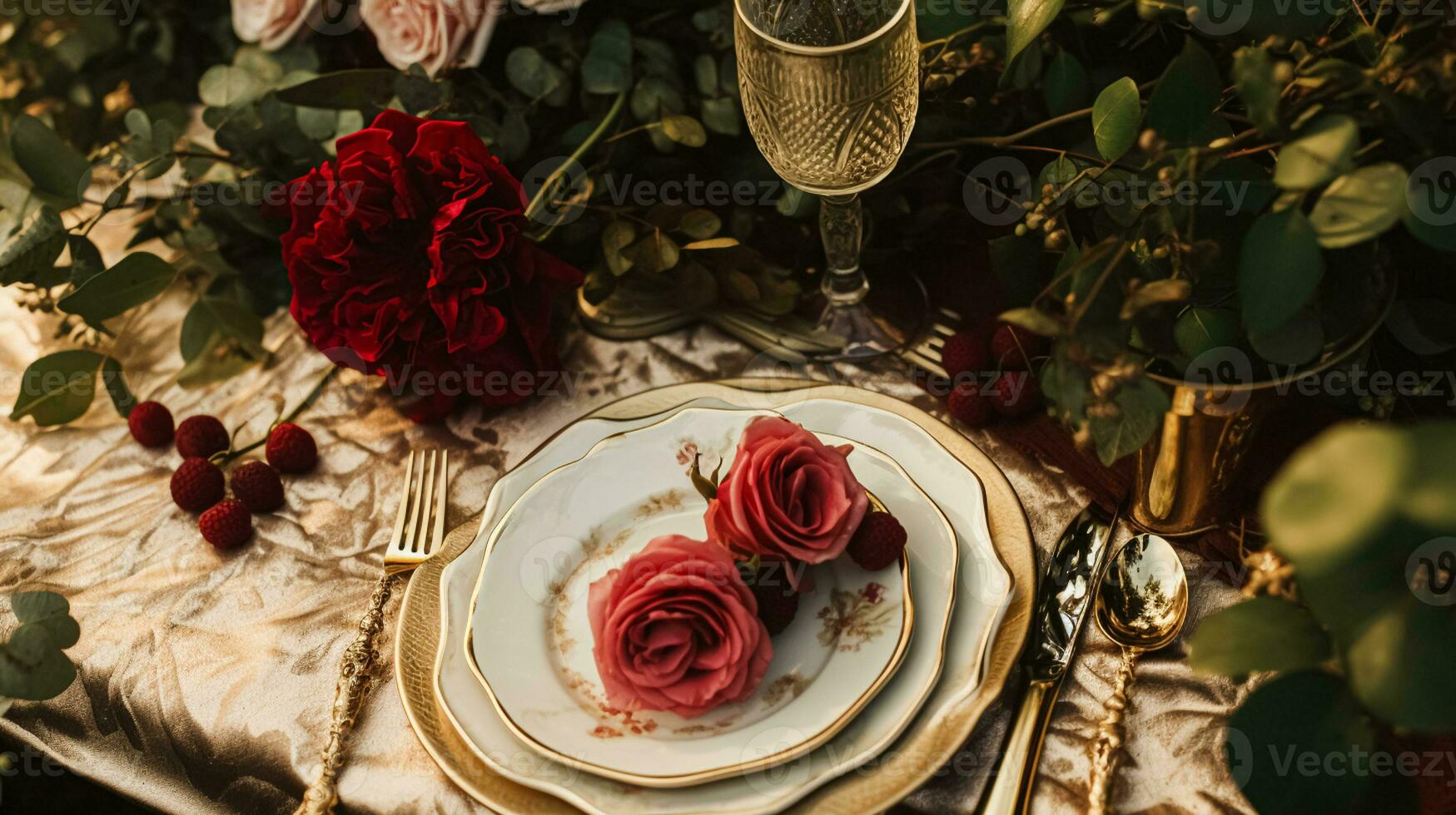 AI generated Wedding and event celebration tablescape with flowers, formal dinner table setting with roses and wine, elegant floral table decor for dinner party and holiday decoration, home styling photo
