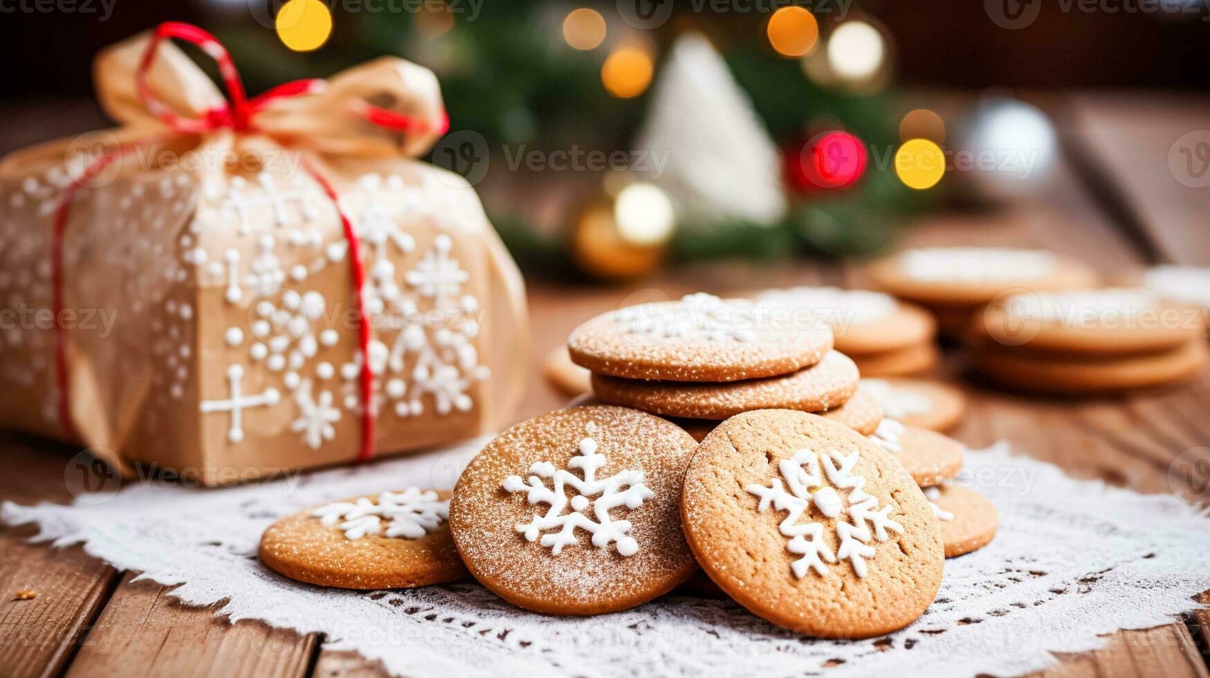 AI generated Christmas biscuits, holiday biscuit recipe and home baking, sweet dessert for cosy winter English country tea in the cottage, homemade food and cooking photo