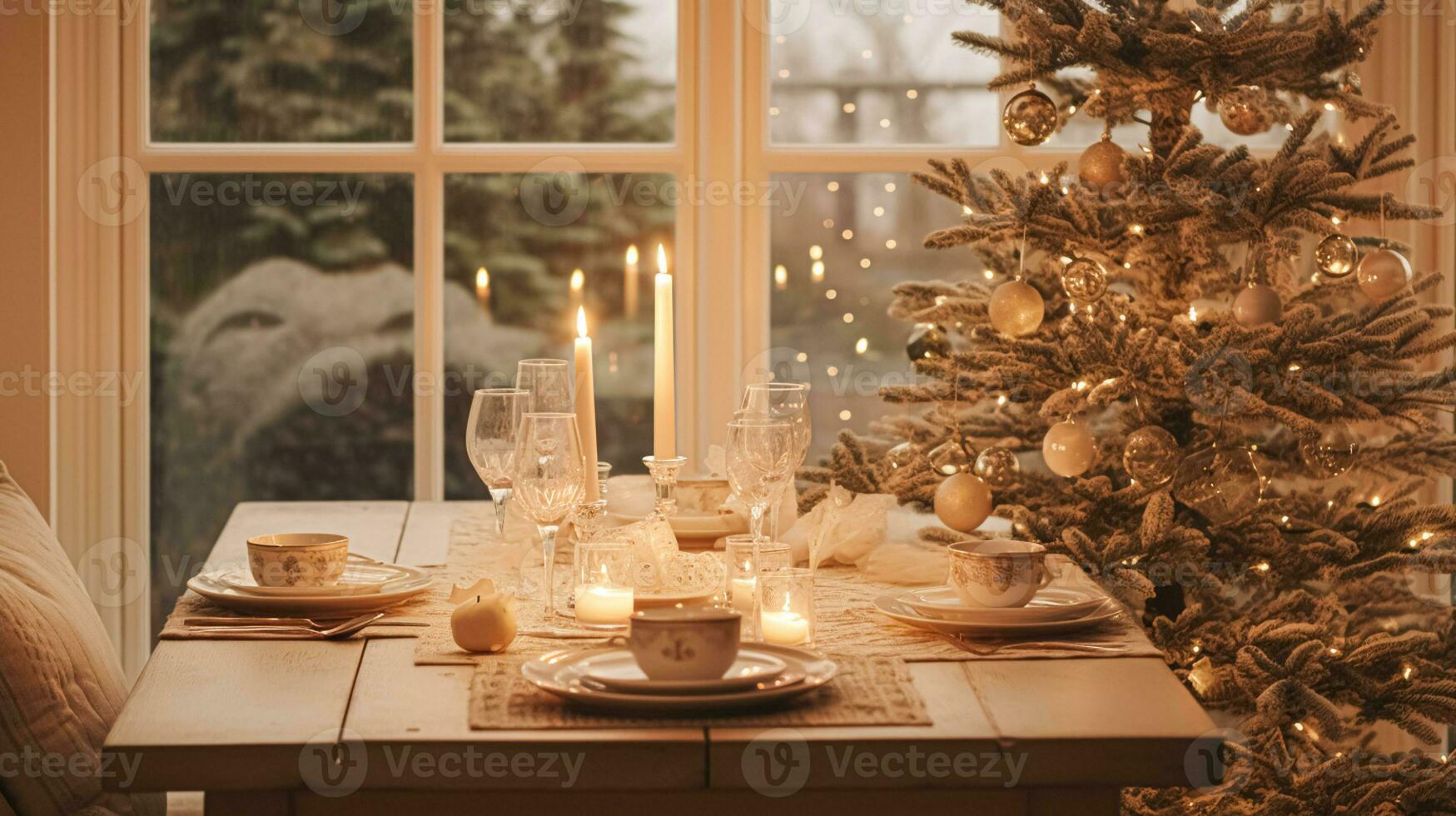 AI generated Table decor for festive family dinner at home, holiday tablescape and table setting, formal for wedding, celebration, English country and home styling photo