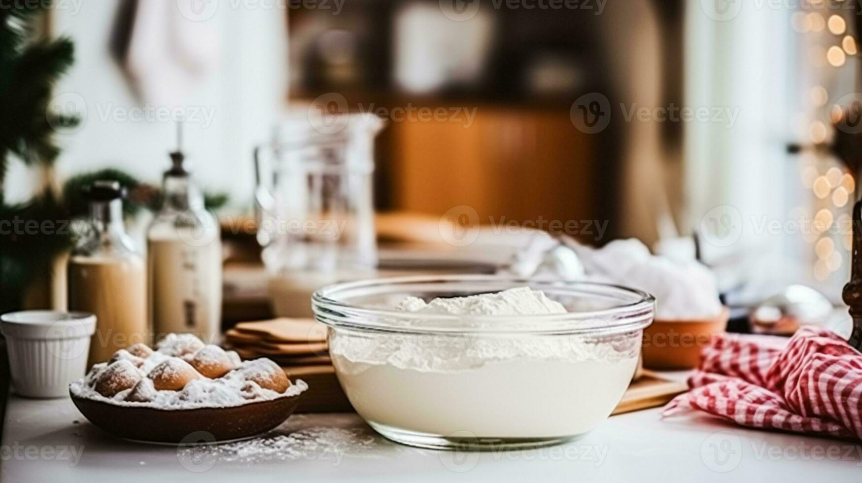 AI generated Christmas baking, holidays recipe and home cooking, holiday bakes, ingredients and preparation in English country cottage kitchen, homemade food and cookbook photo