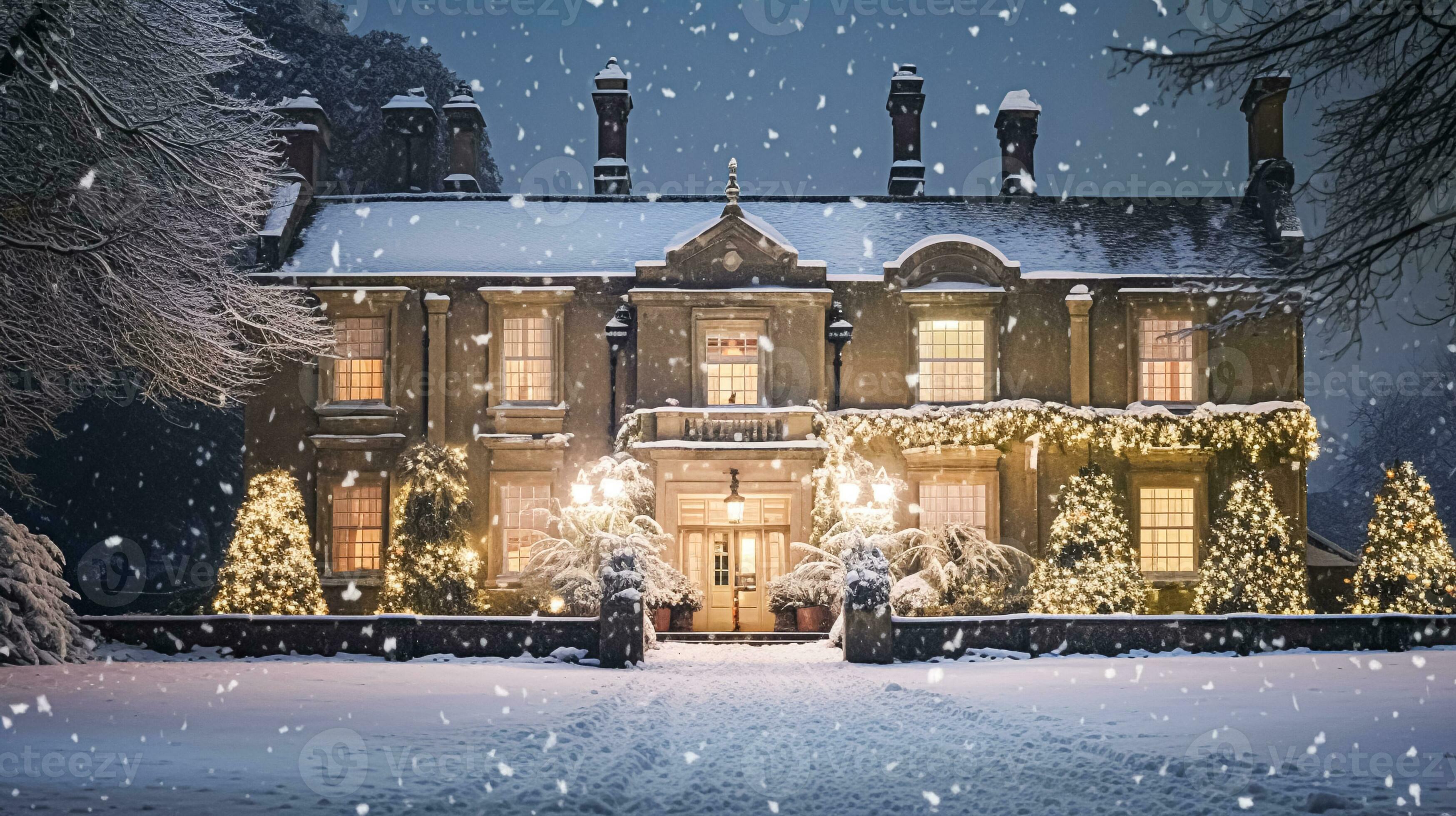 AI generated Christmas in the countryside manor, English country house