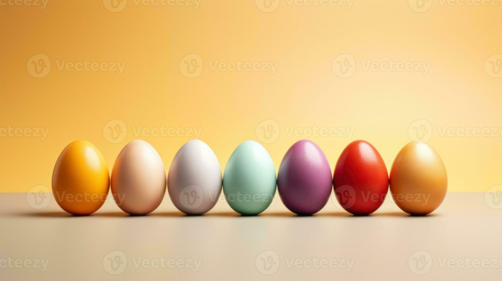 AI generated Easter painted colorful eggs in row on light blue green gradient background. Banner with copy space. Ideal for Easter promotions, spring events, holiday greetings, advertisements photo