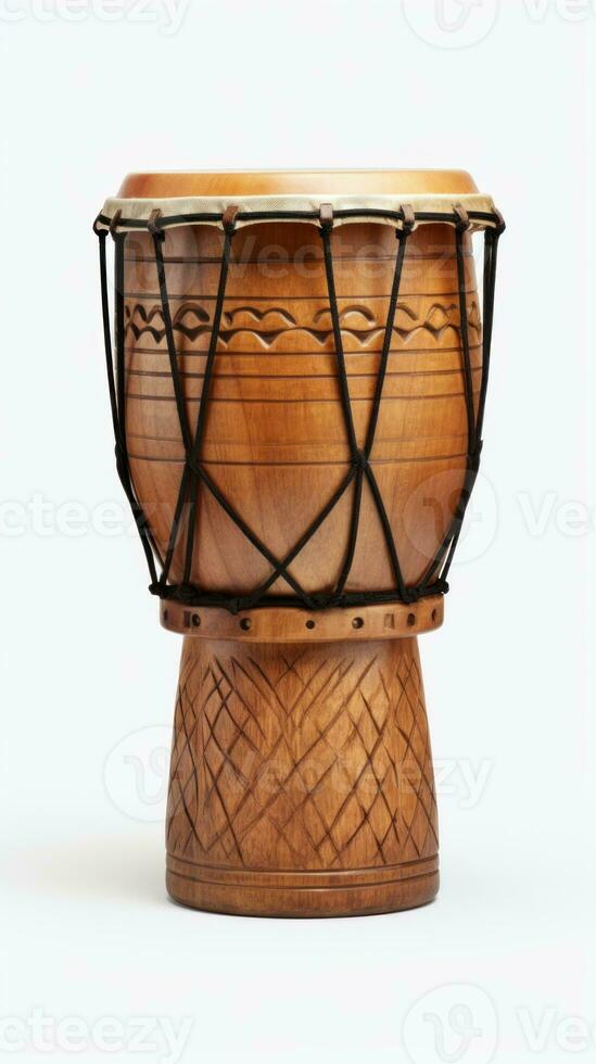 ai generado djembe tambor en un blanco antecedentes. tradicional percusión musical instrumento de africano cultura. adecuado para musical diseño, artículo, Blog, social medios de comunicación correo, álbum cubrir, póster foto