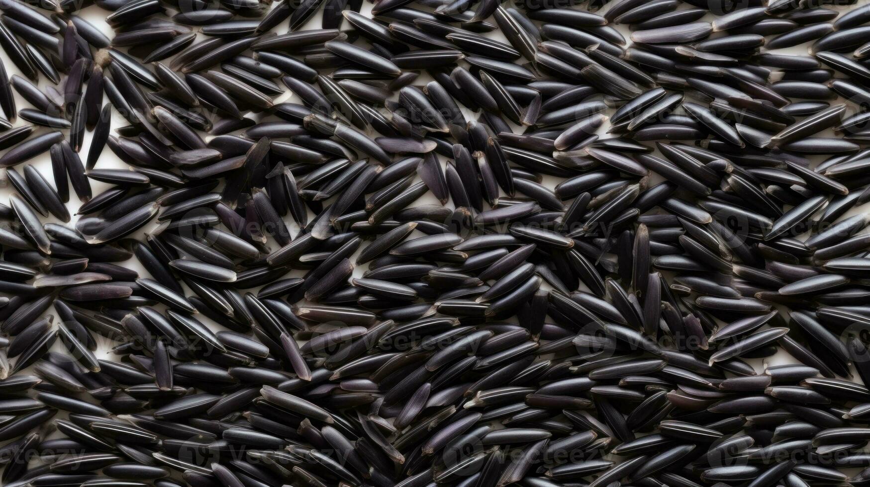 AI generated Close-up of black rice grains scattered on a white background, top view. Wild rice texture. Suitable for food and nutrition related content. Ideal for use in culinary photo