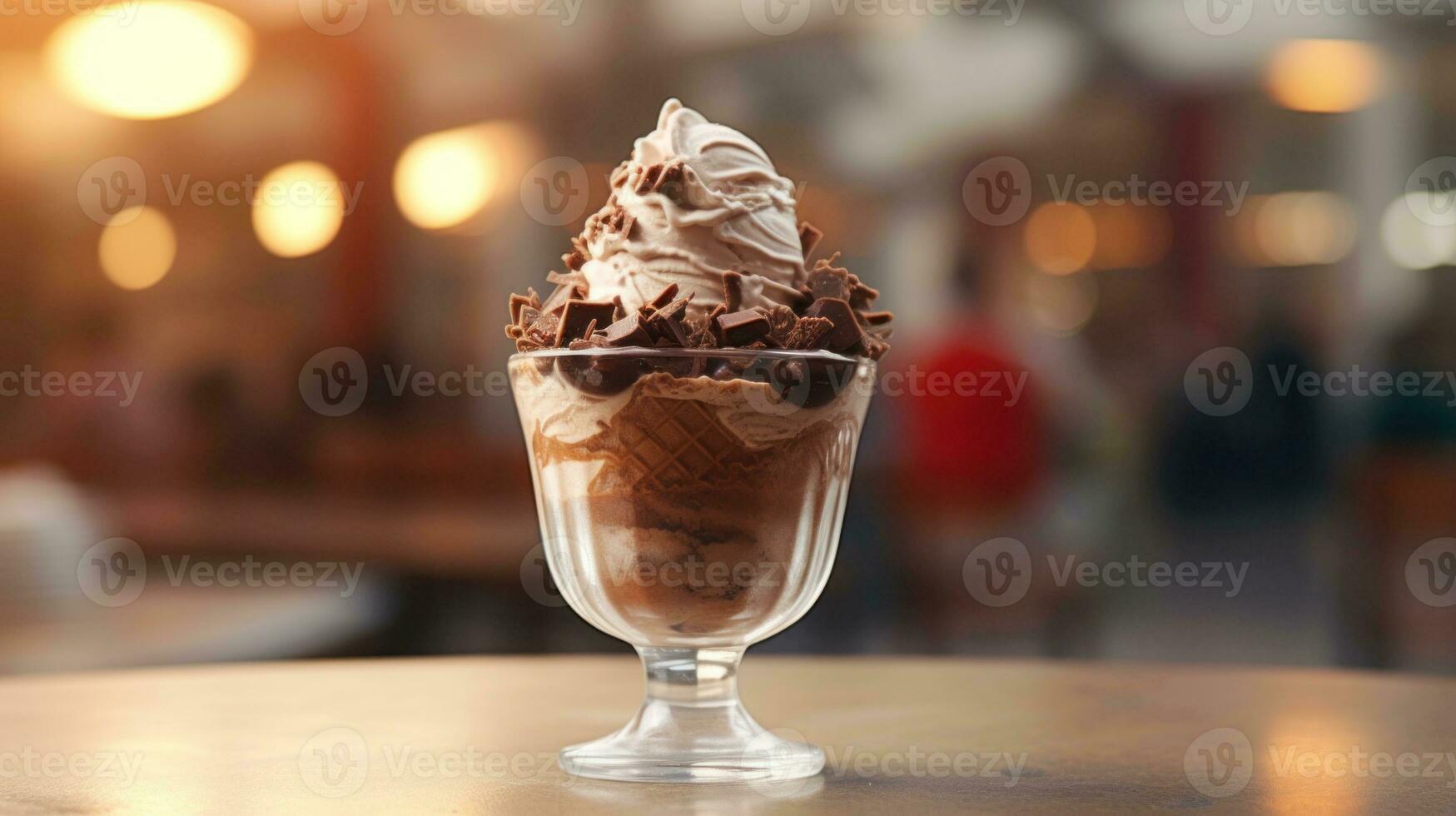 AI generated Chocolate ice cream topped with chocolate pieces in transparent glass on dark blurred background with bokeh. Ideal for dessert menus, food blogs, advertisements, magazines, recipe books. photo