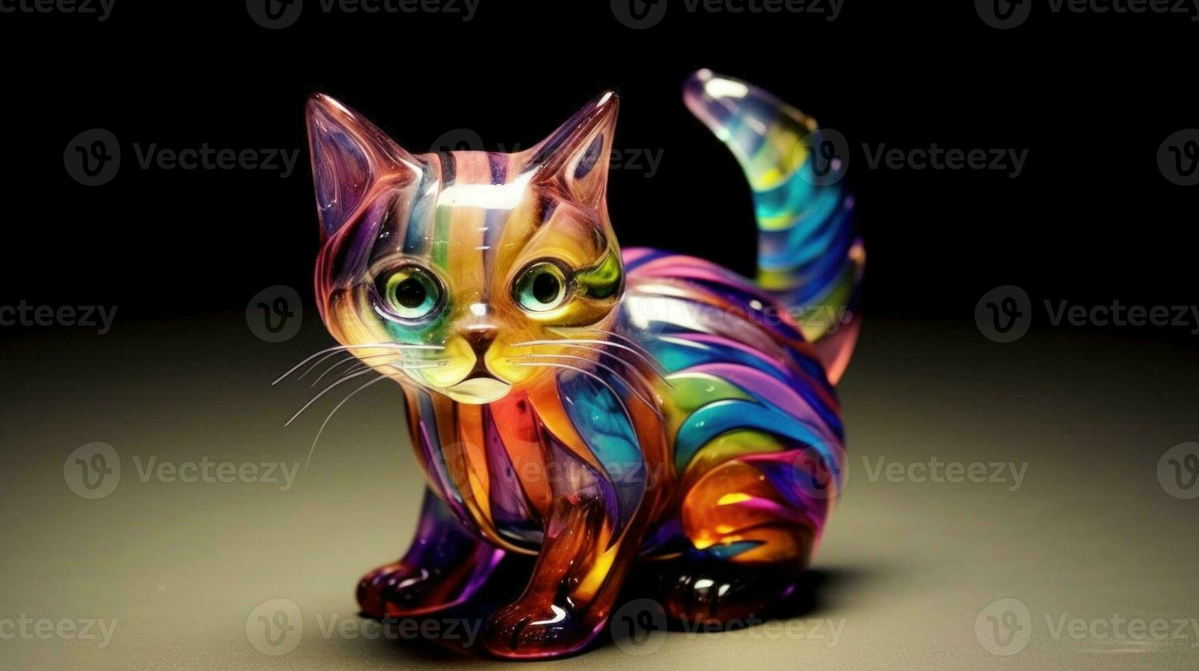 AI generated Colorful rainbow glass cat figurine on a dark background, ideal for home decor or as a design element photo