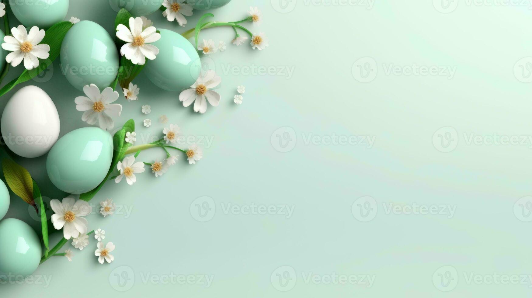 AI generated Frame background with Easter painted Eggs with flowers on light green gradient background. Banner with copy space. Perfest for Easter promotion, spring event, holiday greeting photo