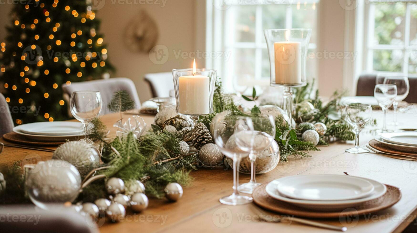 AI generated Christmas table decor, holiday tablescape and dinner table setting, formal event decoration for New Year, family celebration, English country and home styling photo