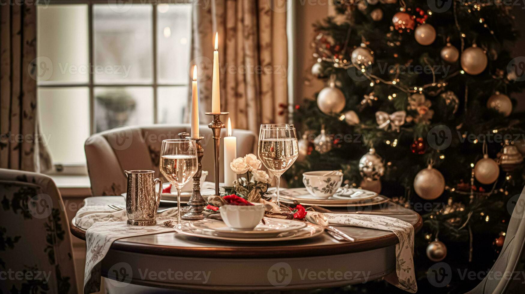 AI generated Festive date night tablescape idea, dinner table setting for two and Christmas, New Year, Valentines day decor, English country home styling photo