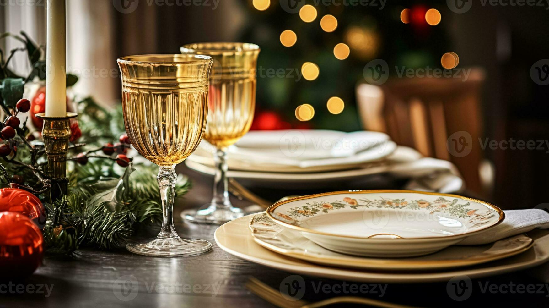 AI generated Christmas holiday family breakfast, table setting decor and festive tablescape, English country and home styling photo