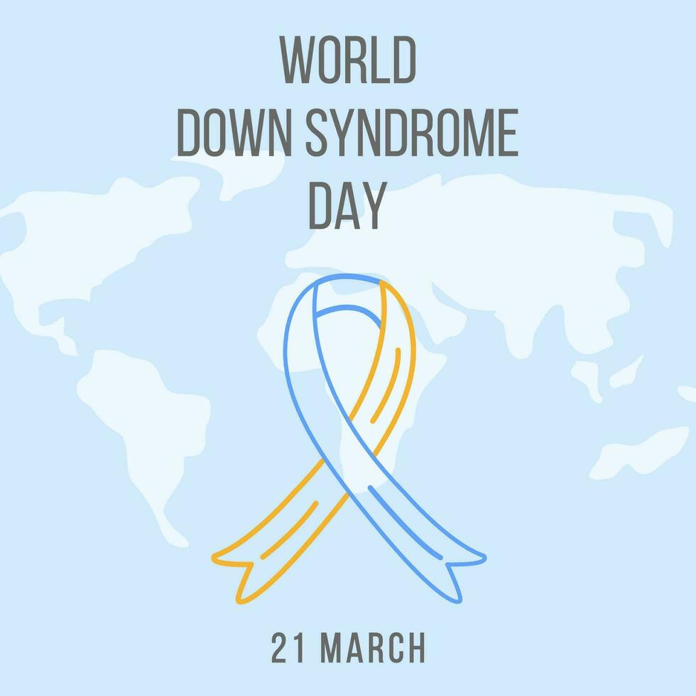 World Down Syndrome Day Web Banner, Poster or Card. Blue and Yellow Outlined Ribbon with thin line and World Map on blue background. Symbol of genetic illness. Extra chromosome. Vector Illustration.