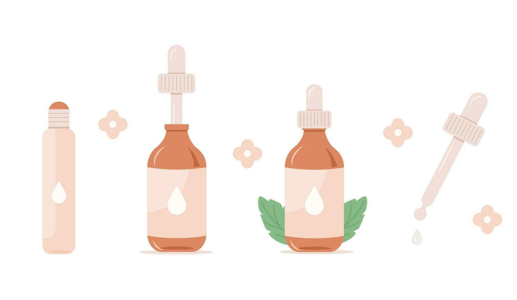 Vector Set of CBD oil bottles. Remedy for stress, anxiety, pain. Hemp extracted Roller. Collection of alternative medicine for relaxation. Cannabis plant. Pastel flat illustration with Marijuana leaf.