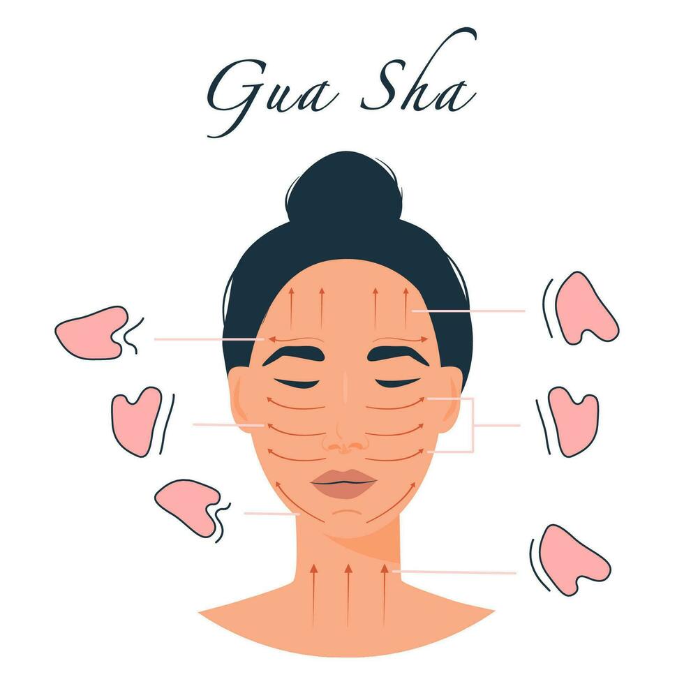 Infographic of jade face roller. Massage direction for facial yoga. A woman massaging her face. Acupuncture anti-aging traditional chinese medicine self care method. Vector flat illustration on white.