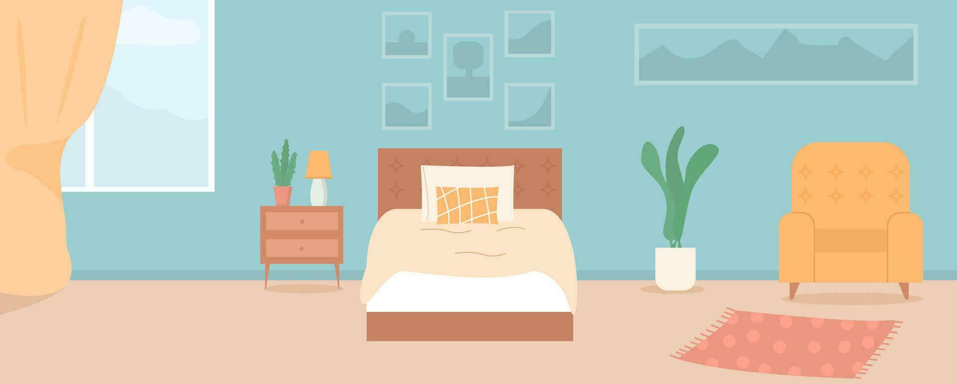 vector dibujos animados ilustración de acogedor moderno dormitorio, vivo habitación con doble cama, plantas, fotos, sillón, alfombra, interior adentro. vistoso fondo, contemporáneo Departamento concepto con mueble