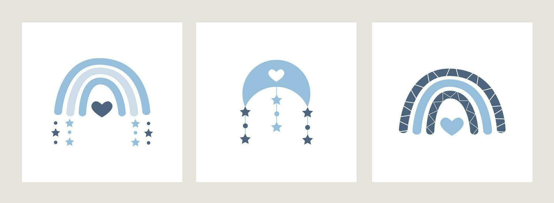 Set of Scandinavian cute boho rainbows cards with crescent, heart and stars in pastel blue colors. Celestial decoration for boy nursery. Hand drawn vector element for baby shower. Vector illustration