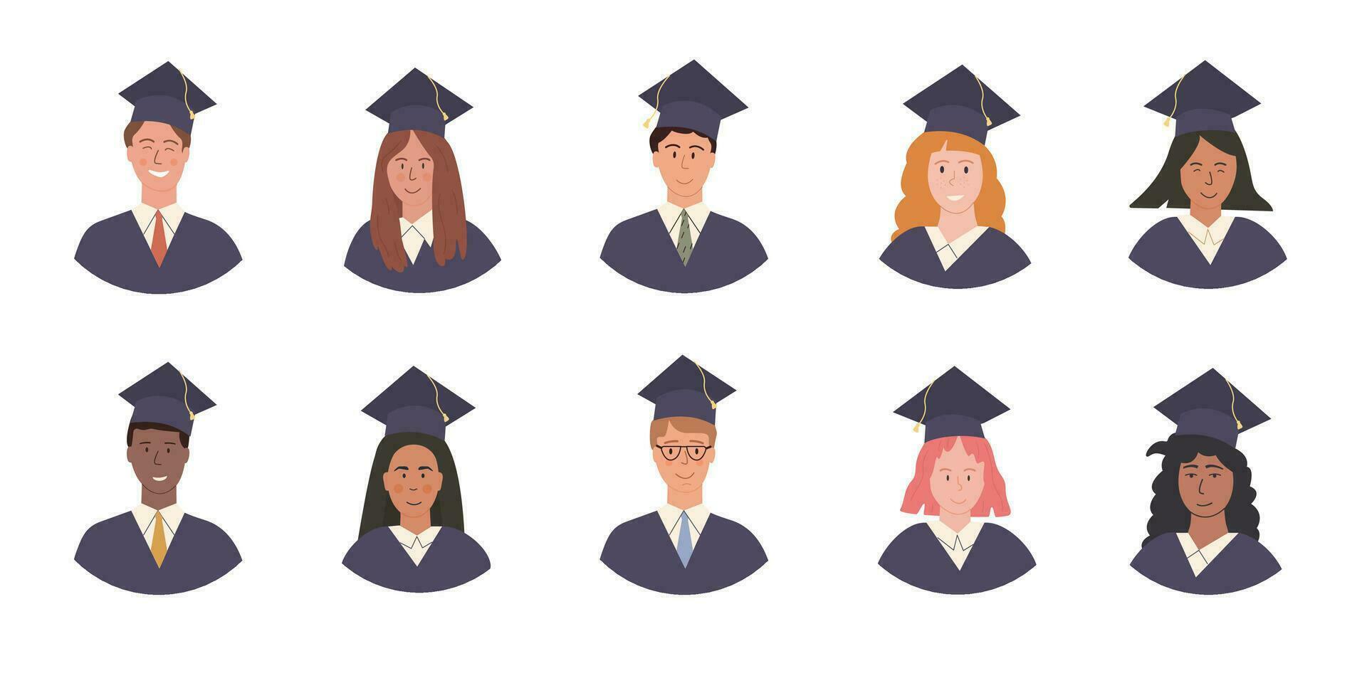 Big Vector Set of Happy multi ethnic Graduated students avatars in academic gown and cap. Pupil graduation at university. Portraits for photo album. Young people in mortarboard and bachelor robe. Flat