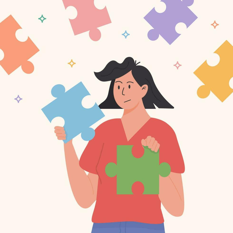 Assembling puzzle, finding right decision idea flat vector. Holding two suitable jigsaw pieces. Connect together. Woman finding herself. Girl feeling incomplete. Mental rehabilitation, psychotherapy. vector